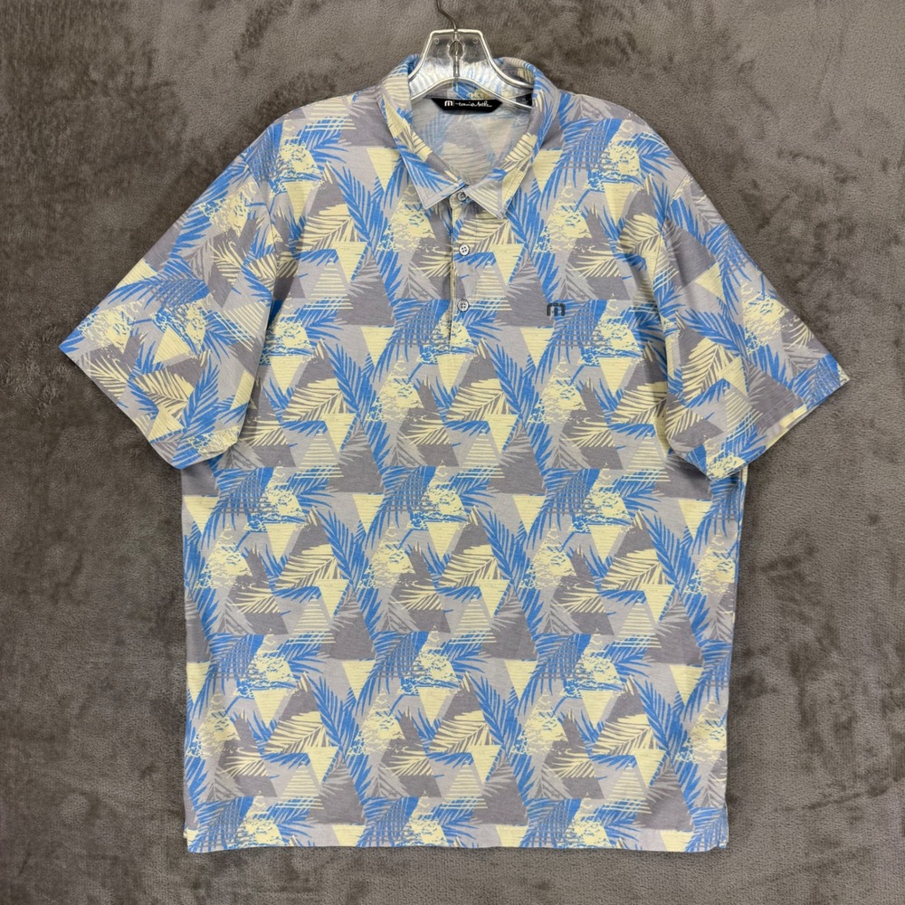 TravisMathew Mens XL Polo Shirt Blue Grey Yellow Palm Geometric Golf Pima‎ Blend